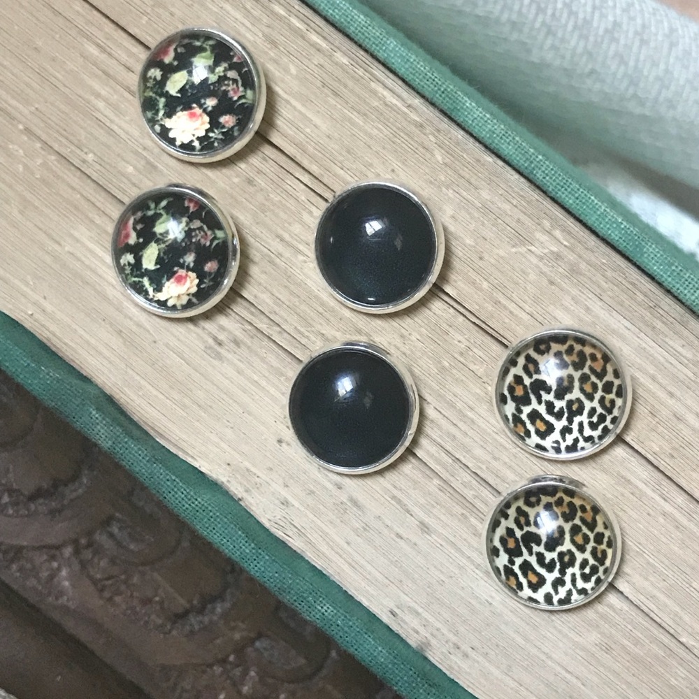 3 Pairs Glass Stud Earrings Floral Leopard Earring